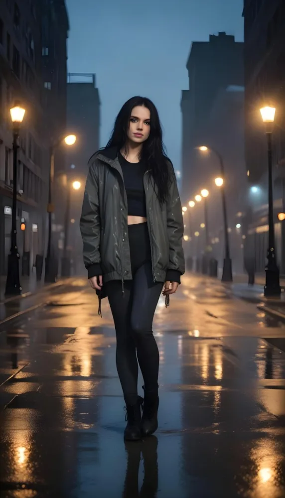 A Caucasian Woman With Long Black Hair 25 Years Old Wearing A Jacket And Black Leggings Standing On A Wet Street With Streetlights In A City At Night 1 A3b6