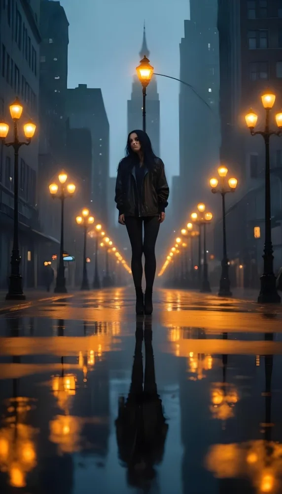 A Caucasian Woman With Long Black Hair 25 Years Old Wearing A Jacket And Black Leggings Standing On A Wet Street With Streetlights In A City At Night 10 4adb
