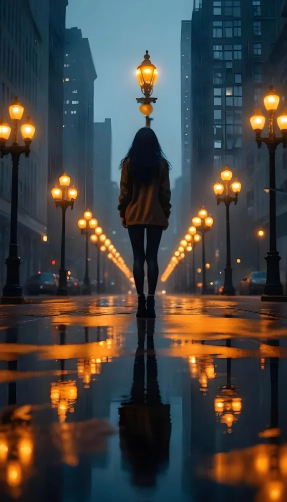 A Caucasian Woman With Long Black Hair 25 Years Old Wearing A Jacket And Black Leggings Standing On A Wet Street With Streetlights In A City At Night 12 1576