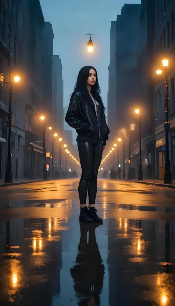 A Caucasian Woman With Long Black Hair 25 Years Old Wearing A Jacket And Black Leggings Standing On A Wet Street With Streetlights In A City At Night 13 8b37