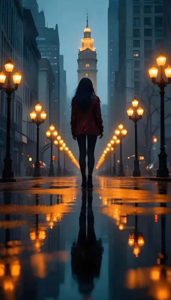 A Caucasian Woman With Long Black Hair 25 Years Old Wearing A Jacket And Black Leggings Standing On A Wet Street With Streetlights In A City At Night 14 4c87