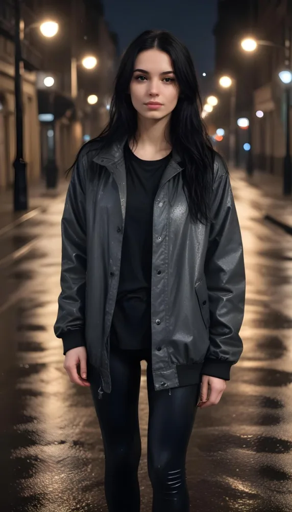 A Caucasian Woman With Long Black Hair 25 Years Old Wearing A Jacket And Black Leggings Standing On A Wet Street With Streetlights In A City At Night 15 456c