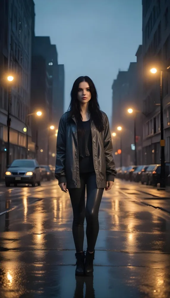 A Caucasian Woman With Long Black Hair 25 Years Old Wearing A Jacket And Black Leggings Standing On A Wet Street With Streetlights In A City At Night 19 9800