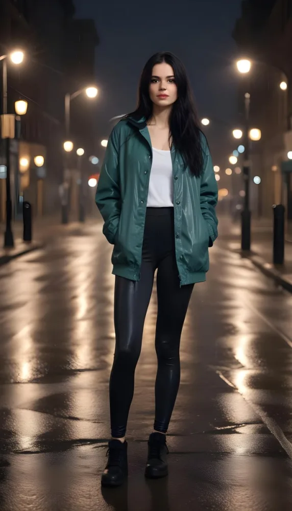 A Caucasian Woman With Long Black Hair 25 Years Old Wearing A Jacket And Black Leggings Standing On A Wet Street With Streetlights In A City At Night 21 03cb