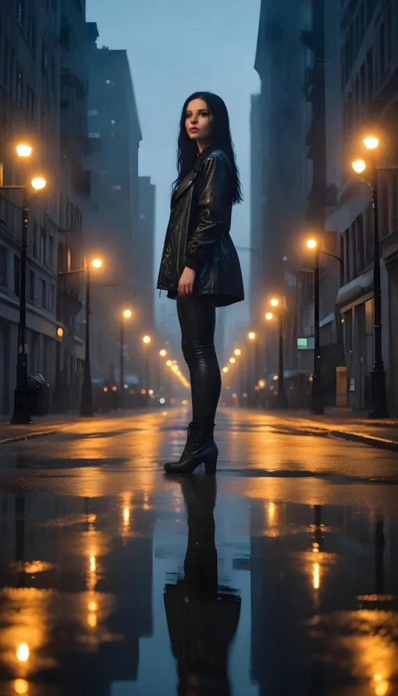 A Caucasian Woman With Long Black Hair 25 Years Old Wearing A Jacket And Black Leggings Standing On A Wet Street With Streetlights In A City At Night 22 C795