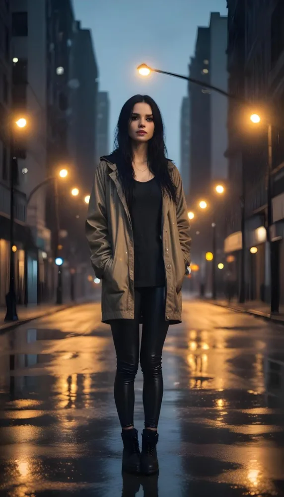 A Caucasian Woman With Long Black Hair 25 Years Old Wearing A Jacket And Black Leggings Standing On A Wet Street With Streetlights In A City At Night 25 Eb7d