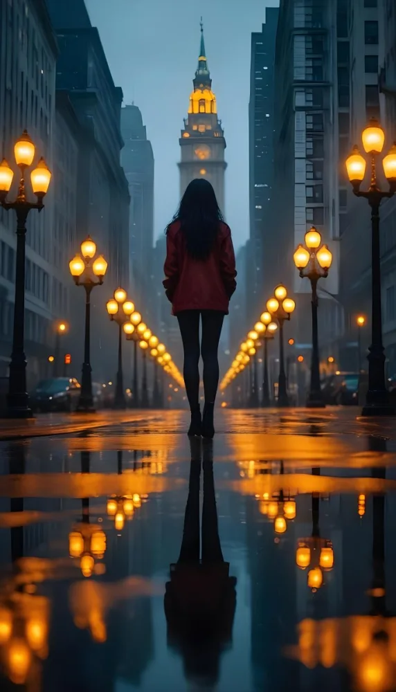 A Caucasian Woman With Long Black Hair 25 Years Old Wearing A Jacket And Black Leggings Standing On A Wet Street With Streetlights In A City At Night 28 059f