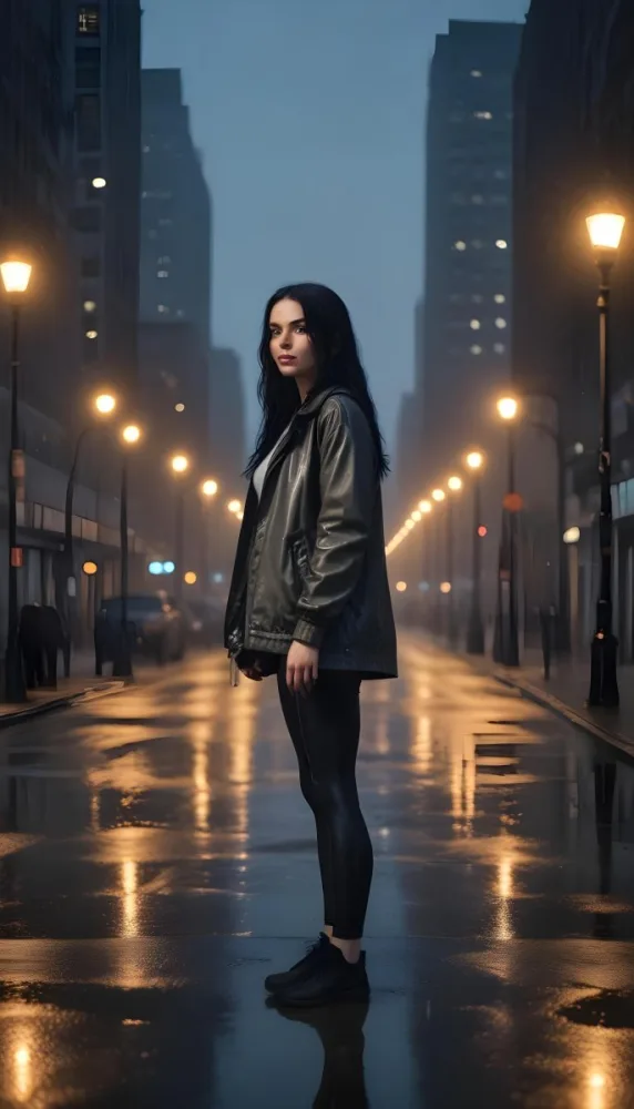 A Caucasian Woman With Long Black Hair 25 Years Old Wearing A Jacket And Black Leggings Standing On A Wet Street With Streetlights In A City At Night 3 B9bd