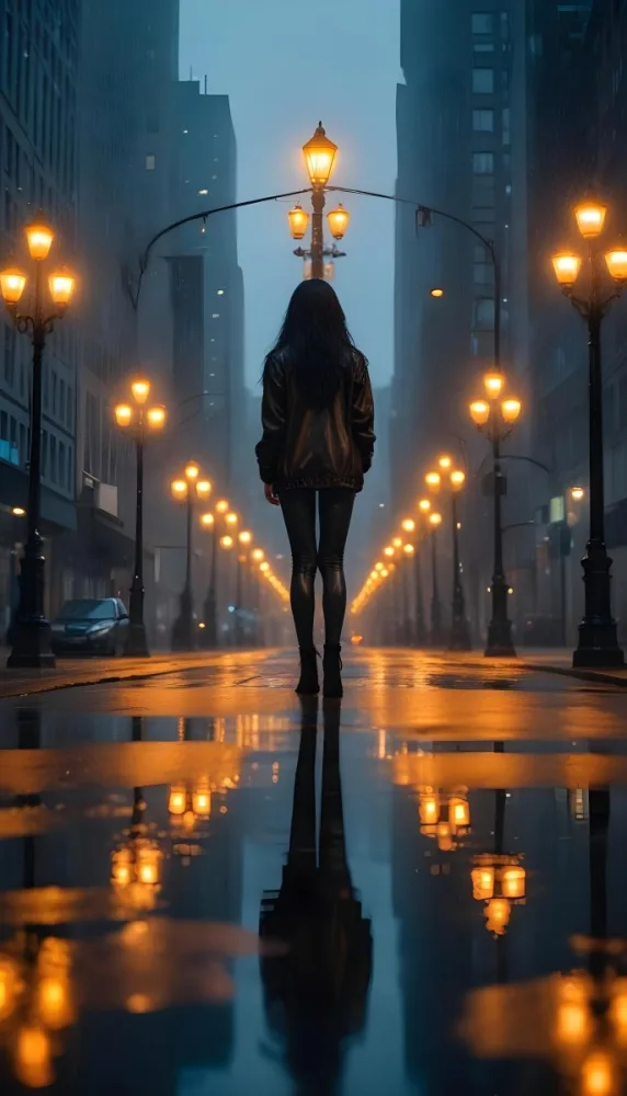 A Caucasian Woman With Long Black Hair 25 Years Old Wearing A Jacket And Black Leggings Standing On A Wet Street With Streetlights In A City At Night 30 D0da