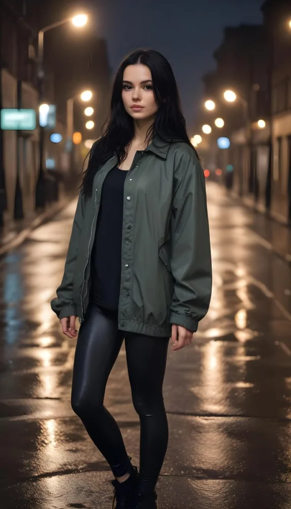 A Caucasian Woman With Long Black Hair 25 Years Old Wearing A Jacket And Black Leggings Standing On A Wet Street With Streetlights In A City At Night 31 F9f2