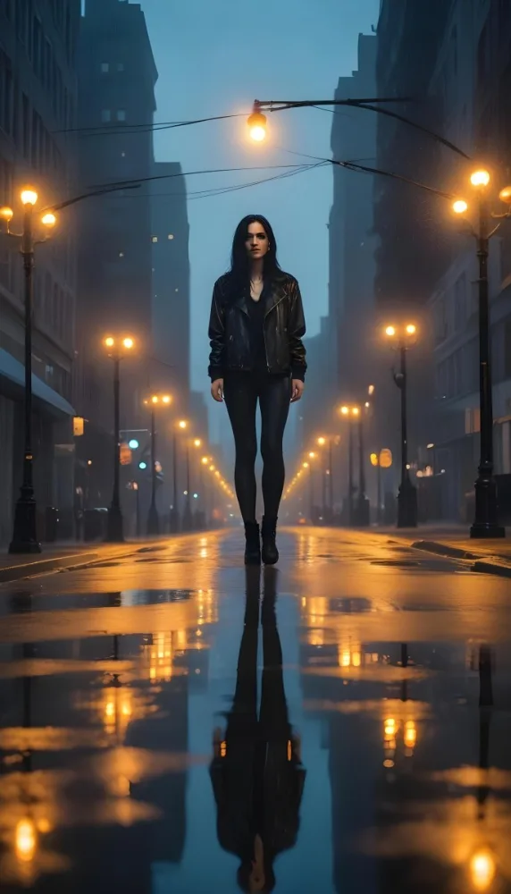 A Caucasian Woman With Long Black Hair 25 Years Old Wearing A Jacket And Black Leggings Standing On A Wet Street With Streetlights In A City At Night 32 E543