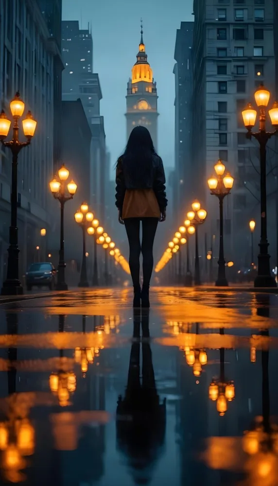 A Caucasian Woman With Long Black Hair 25 Years Old Wearing A Jacket And Black Leggings Standing On A Wet Street With Streetlights In A City At Night 4 999c