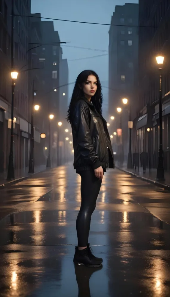 A Caucasian Woman With Long Black Hair 25 Years Old Wearing A Jacket And Black Leggings Standing On A Wet Street With Streetlights In A City At Night 5 4ad6