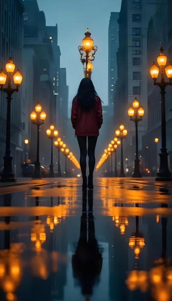 A Caucasian Woman With Long Black Hair 25 Years Old Wearing A Jacket And Black Leggings Standing On A Wet Street With Streetlights In A City At Night 6 1399