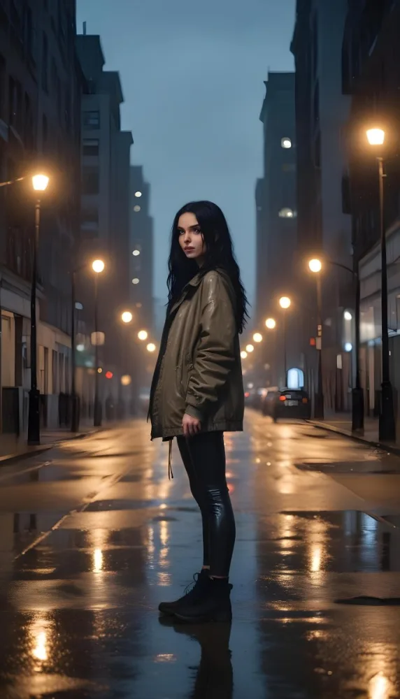 A Caucasian Woman With Long Black Hair 25 Years Old Wearing A Jacket And Black Leggings Standing On A Wet Street With Streetlights In A City At Night 7 2070