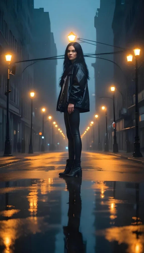 A Caucasian Woman With Long Black Hair 25 Years Old Wearing A Jacket And Black Leggings Standing On A Wet Street With Streetlights In A City At Night 8 5d0b