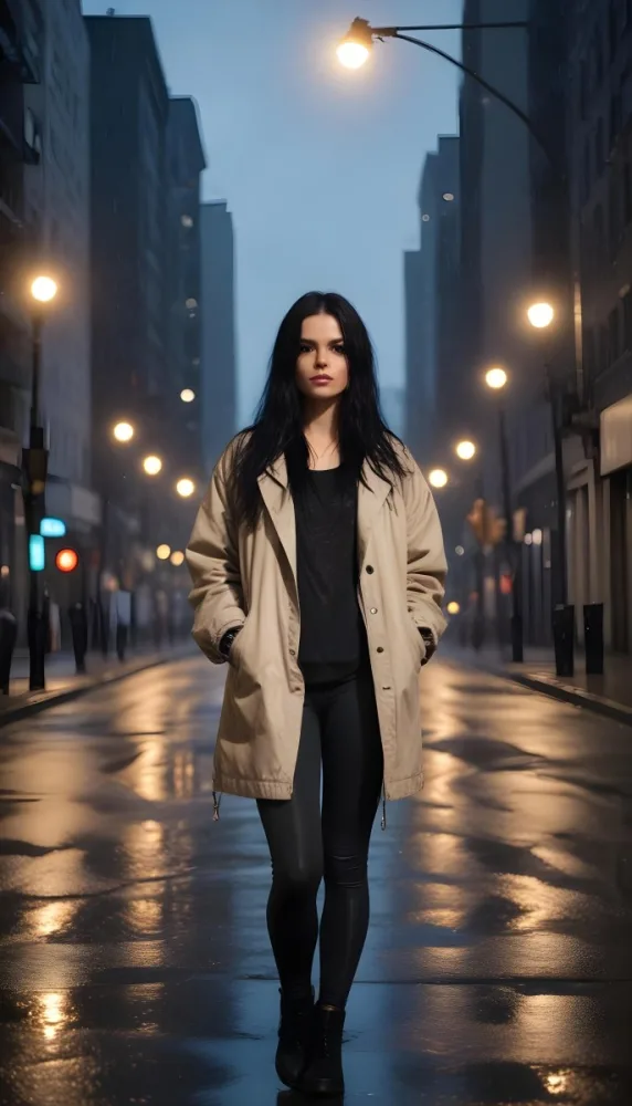 A Caucasian Woman With Long Black Hair 25 Years Old Wearing A Jacket And Black Leggings Standing On A Wet Street With Streetlights In A City At Night 9 Da43