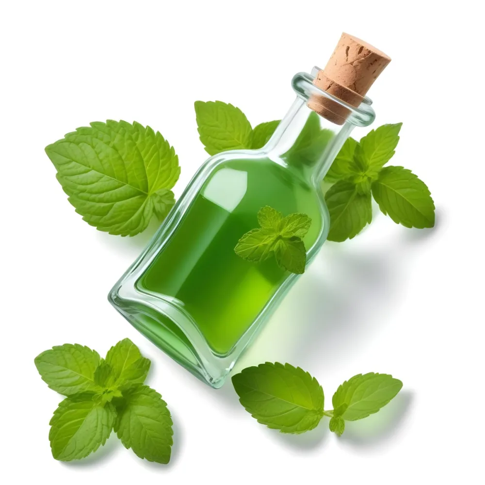 A Clear Glass Bottle With A Cork Stopper Containing Green Liquid Placed Next To Fresh Green Mint Leaves The Mint Leaves Are Vibrant And Lush Showcasing Their Serrated Edges And Rich Color The Background Is Plain W 42 5163