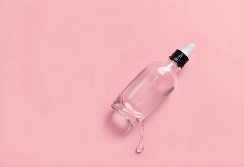 A Clear Glass Bottle With A Dropper Cap Filled With A Clear Liquid Placed Diagonally On A Plain Pink Background 23 777c