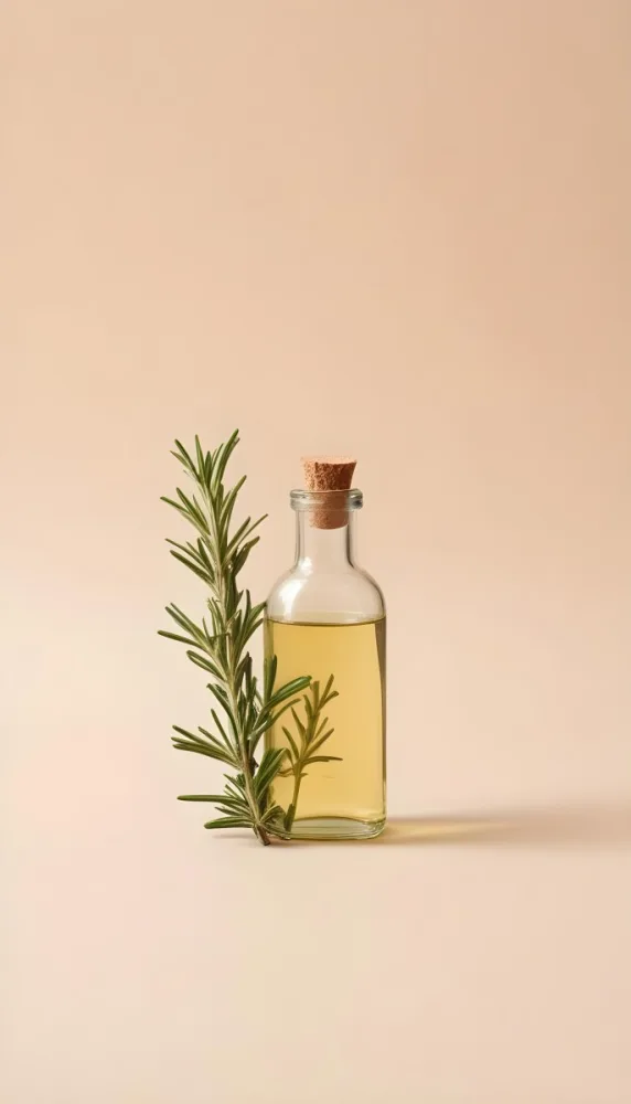 A Clear Glass Bottle With A Glass Stopper Filled With Oil A Sprig Of Rosemary Next To It On A Beige Background 10 8fcf