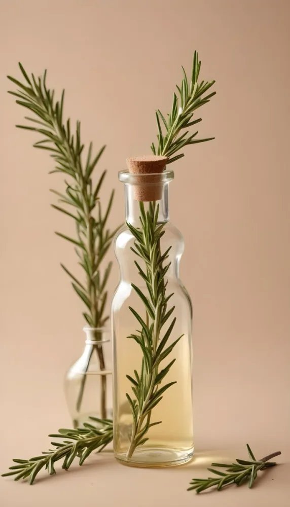 A Clear Glass Bottle With A Glass Stopper Filled With Oil A Sprig Of Rosemary Next To It On A Beige Background 11 3978