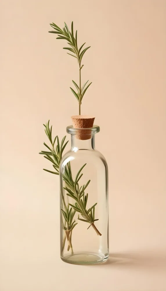 A Clear Glass Bottle With A Glass Stopper Filled With Oil A Sprig Of Rosemary Next To It On A Beige Background 17 8b51