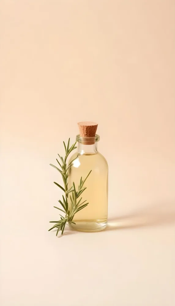 A Clear Glass Bottle With A Glass Stopper Filled With Oil A Sprig Of Rosemary Next To It On A Beige Background 2 Abc4