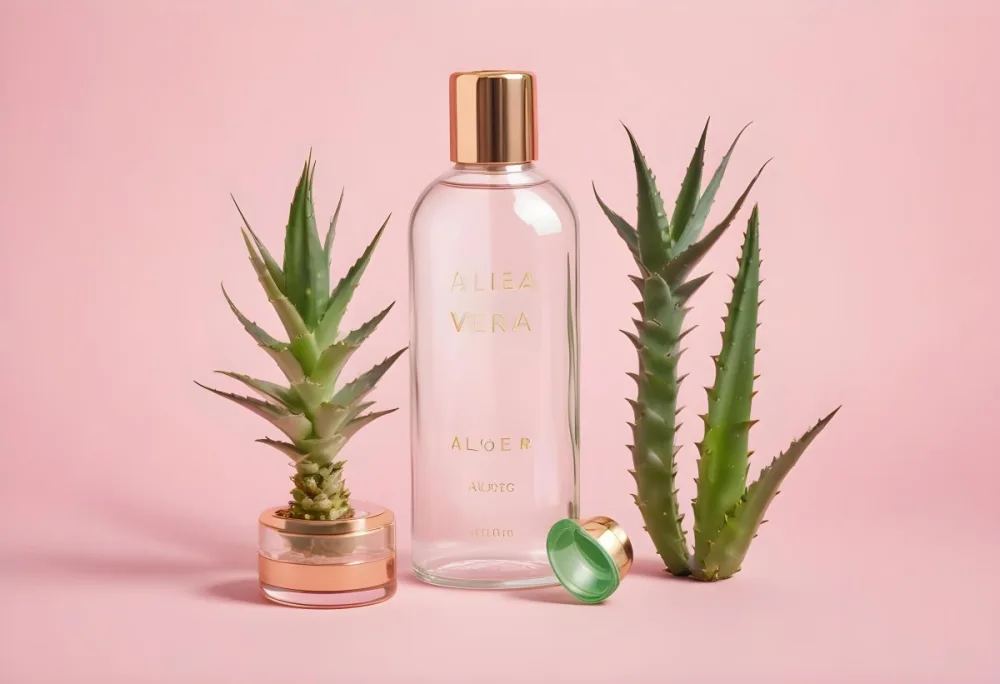A Clear Glass Bottle With A Gold Cap A Green Cosmetic Container And Green Aloe Vera Leaves On A Pink Background 12 A751