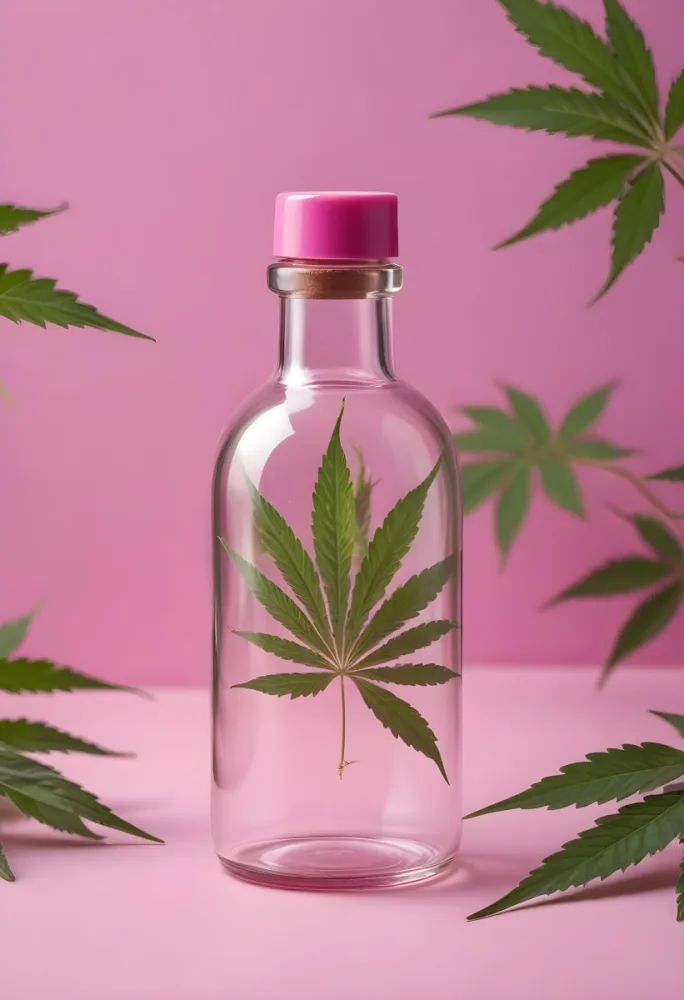 A Clear Glass Bottle With A Pink Cap Placed On A Pink Surface Cannabis Leaves In The Foreground Light Purple Background 22 51bc