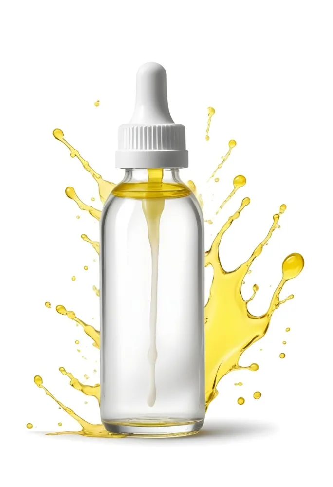 A Clear Glass Bottle With A White Dropper Cap Filled With A Yellow Liquid The Bottle Is Set Against A Plain White Background With Some Yellow Droplets Or Splashes Visible 4