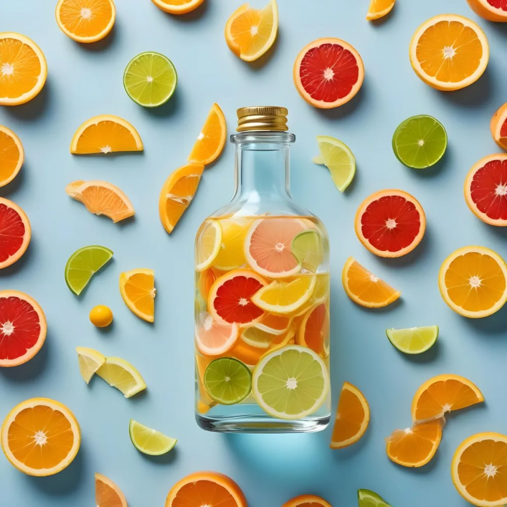 A Clear Glass Dropper Bottle Filled With A Liquid Containing Slices Of Various Citrus Fruits Including Oranges Lemons Limes And Grapefruits The Bottle Has A White Dropper And A Gold Cap Surrounding The Bottle Are Scat 1 2e09