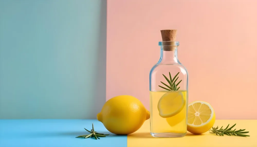 A Clear Glass Dropper Bottle Filled With A Liquid Placed On A Blue And Yellow Surface Next To The Bottle There Is A Whole Lemon And A Sliced Lemon Along With A Sprig Of Rosemary The Background Features Pastel Colors 13 5c71