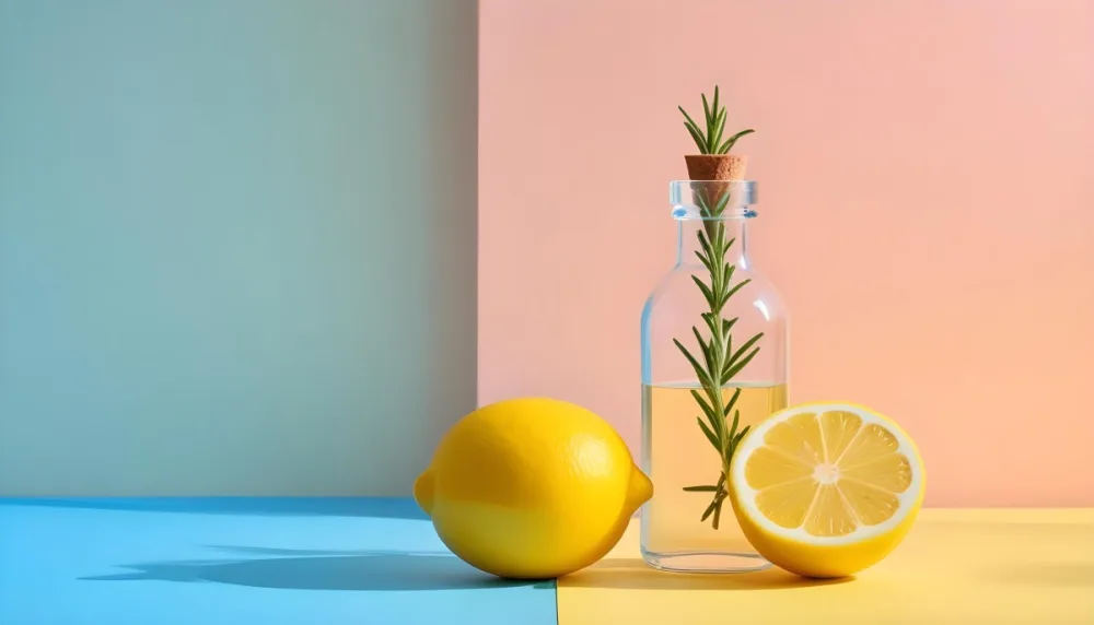 A Clear Glass Dropper Bottle Filled With A Liquid Placed On A Blue And Yellow Surface Next To The Bottle There Is A Whole Lemon And A Sliced Lemon Along With A Sprig Of Rosemary The Background Features Pastel Colors 15 A8f8