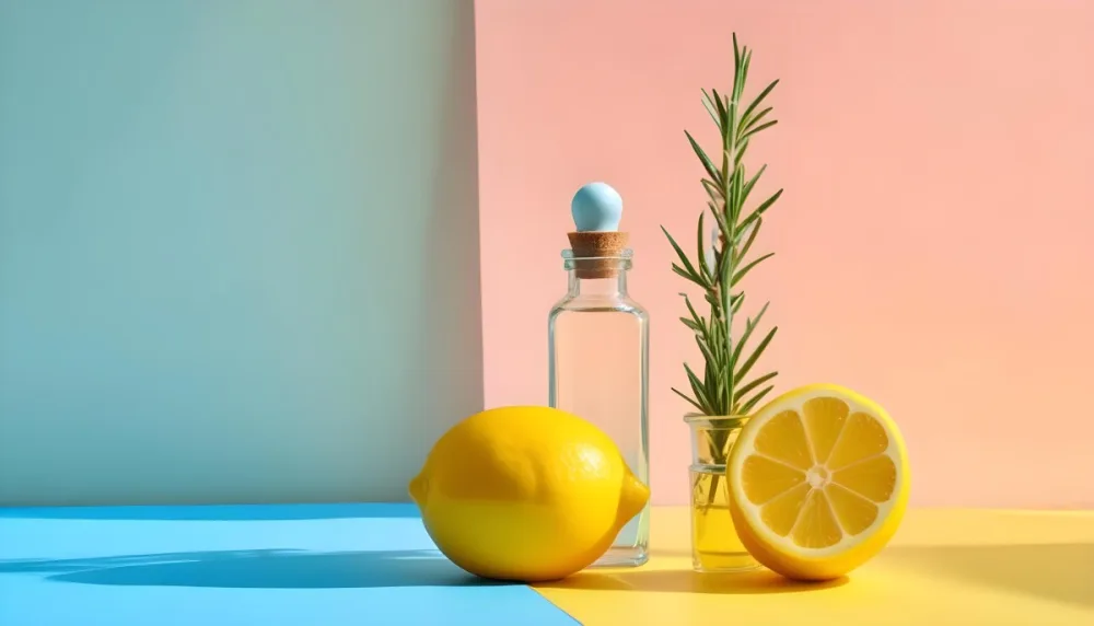 A Clear Glass Dropper Bottle Filled With A Liquid Placed On A Blue And Yellow Surface Next To The Bottle There Is A Whole Lemon And A Sliced Lemon Along With A Sprig Of Rosemary The Background Features Pastel Colors 26 E0a0