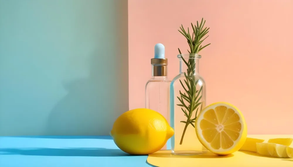 A Clear Glass Dropper Bottle Filled With A Liquid Placed On A Blue And Yellow Surface Next To The Bottle There Is A Whole Lemon And A Sliced Lemon Along With A Sprig Of Rosemary The Background Features Pastel Colors 27 408a