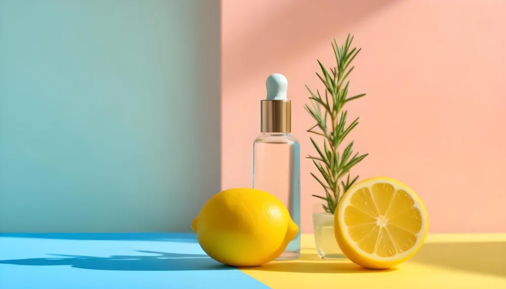 A Clear Glass Dropper Bottle Filled With A Liquid Placed On A Blue And Yellow Surface Next To The Bottle There Is A Whole Lemon And A Sliced Lemon Along With A Sprig Of Rosemary The Background Features Pastel Colors 28 Dd64