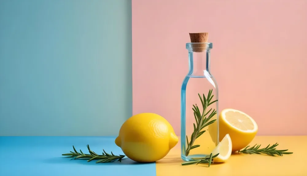 A Clear Glass Dropper Bottle Filled With A Liquid Placed On A Blue And Yellow Surface Next To The Bottle There Is A Whole Lemon And A Sliced Lemon Along With A Sprig Of Rosemary The Background Features Pastel Colors 4 7469