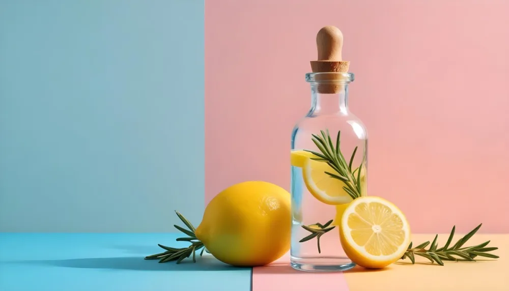 A Clear Glass Dropper Bottle Filled With Liquid Placed On A Colorful Background With Pastel Blue And Pink Sections Next To The Bottle There Is A Whole Lemon And A Sliced Lemon Along With A Sprig Of Rosemary The Arra 10 4a28