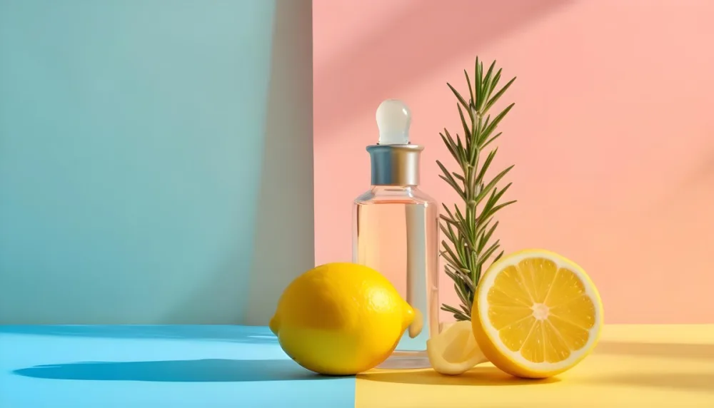 A Clear Glass Dropper Bottle Filled With Liquid Placed On A Colorful Background With Pastel Blue And Pink Sections Next To The Bottle There Is A Whole Lemon And A Sliced Lemon Along With A Sprig Of Rosemary The Arra 11 8a97