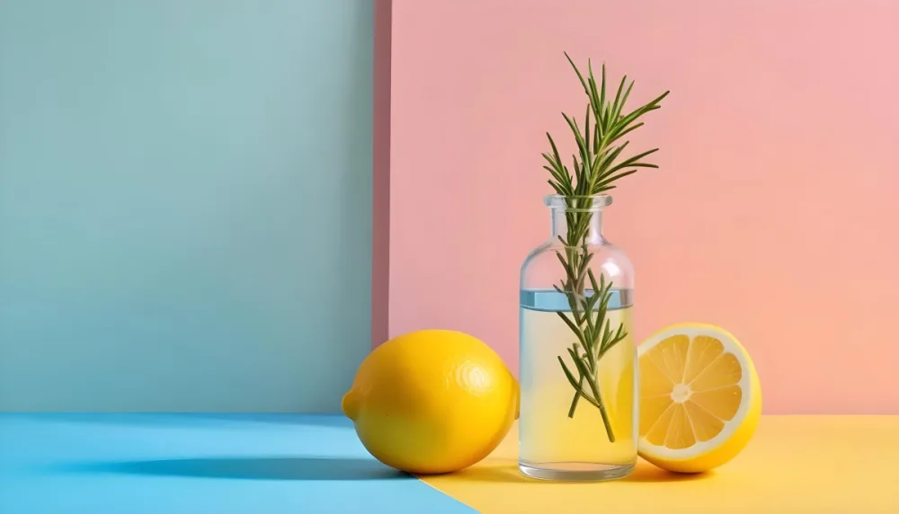 A Clear Glass Dropper Bottle Filled With Liquid Placed On A Colorful Background With Pastel Blue And Pink Sections Next To The Bottle There Is A Whole Lemon And A Sliced Lemon Along With A Sprig Of Rosemary The Arra 12 B362