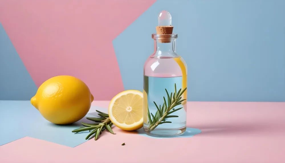 A Clear Glass Dropper Bottle Filled With Liquid Placed On A Colorful Background With Pastel Blue And Pink Sections Next To The Bottle There Is A Whole Lemon And A Sliced Lemon Along With A Sprig Of Rosemary The Arra 16 0417