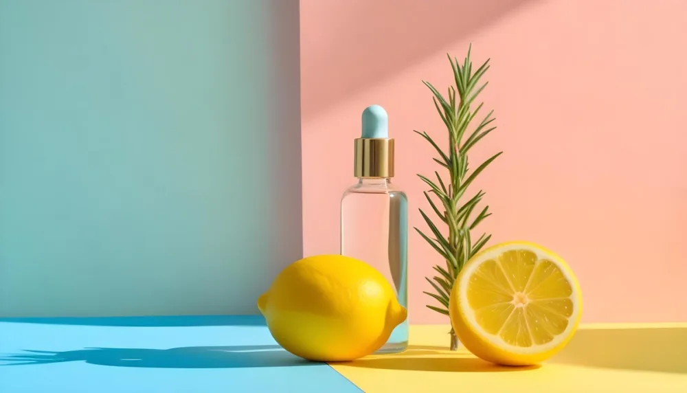 A Clear Glass Dropper Bottle Filled With Liquid Placed On A Colorful Background With Pastel Blue And Pink Sections Next To The Bottle There Is A Whole Lemon And A Sliced Lemon Along With A Sprig Of Rosemary The Arra 17 Cad2