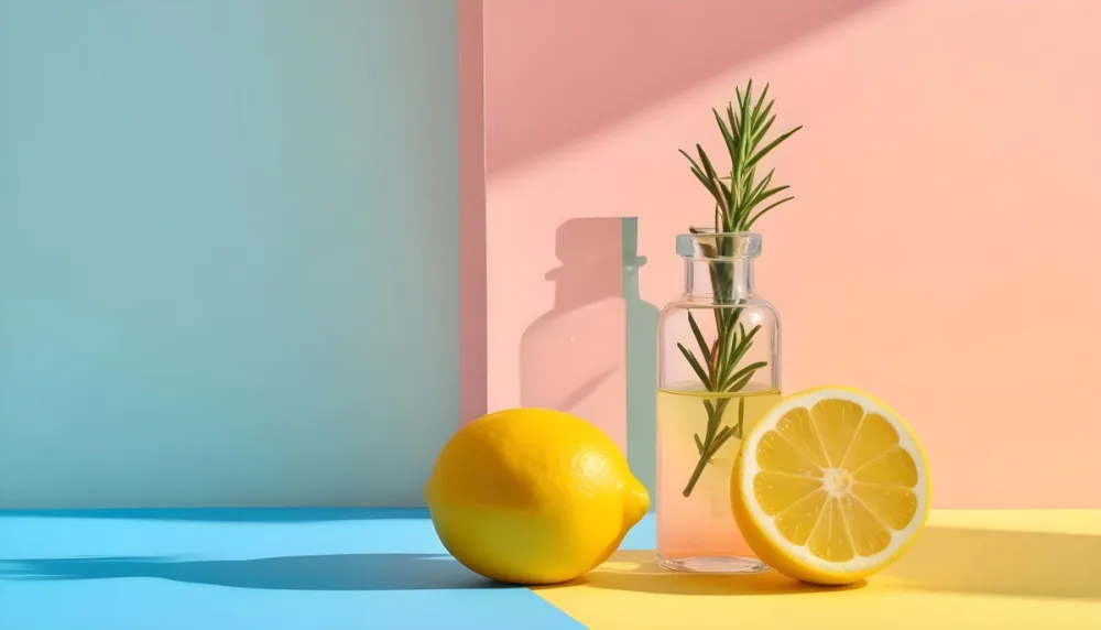 A Clear Glass Dropper Bottle Filled With Liquid Placed On A Colorful Background With Pastel Blue And Pink Sections Next To The Bottle There Is A Whole Lemon And A Sliced Lemon Along With A Sprig Of Rosemary The Arra 19 19b5