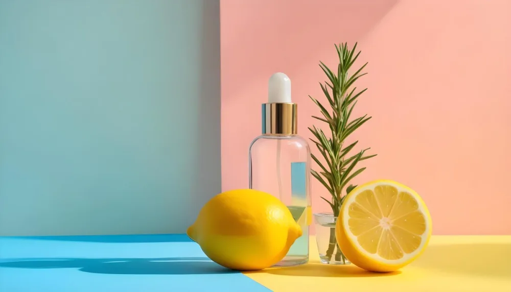A Clear Glass Dropper Bottle Filled With Liquid Placed On A Colorful Background With Pastel Blue And Pink Sections Next To The Bottle There Is A Whole Lemon And A Sliced Lemon Along With A Sprig Of Rosemary The Arra 20 E157