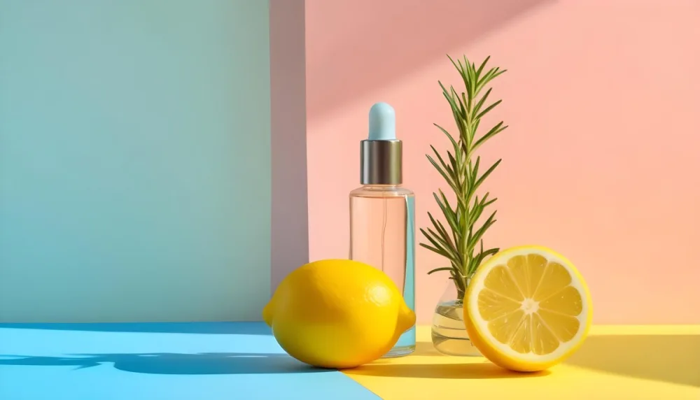 A Clear Glass Dropper Bottle Filled With Liquid Placed On A Colorful Background With Pastel Blue And Pink Sections Next To The Bottle There Is A Whole Lemon And A Sliced Lemon Along With A Sprig Of Rosemary The Arra 22 2359