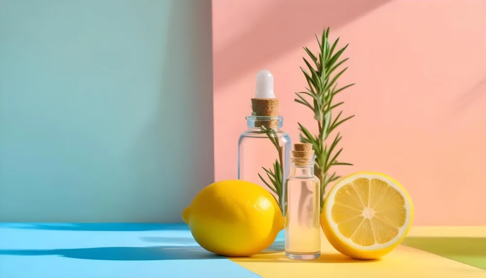 A Clear Glass Dropper Bottle Filled With Liquid Placed On A Colorful Background With Pastel Blue And Pink Sections Next To The Bottle There Is A Whole Lemon And A Sliced Lemon Along With A Sprig Of Rosemary The Arra 25 E801