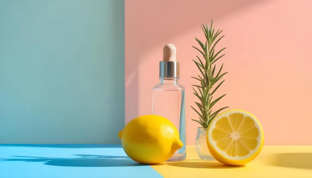 A Clear Glass Dropper Bottle Filled With Liquid Placed On A Colorful Background With Pastel Blue And Pink Sections Next To The Bottle There Is A Whole Lemon And A Sliced Lemon Along With A Sprig Of Rosemary The Arra 5 0e34