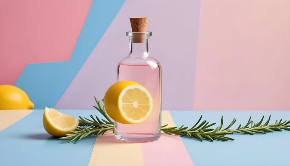 A Clear Glass Dropper Bottle Filled With Liquid Placed On A Colorful Background With Pastel Blue And Pink Sections Next To The Bottle There Is A Whole Lemon And A Sliced Lemon Along With A Sprig Of Rosemary The Arra 6 1b03