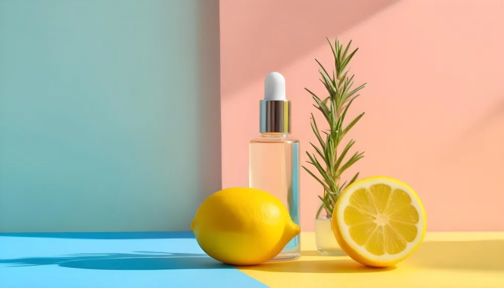 A Clear Glass Dropper Bottle Filled With Liquid Placed On A Colorful Background With Pastel Blue And Pink Sections Next To The Bottle There Is A Whole Lemon And A Sliced Lemon Along With A Sprig Of Rosemary The Arra 7 0559