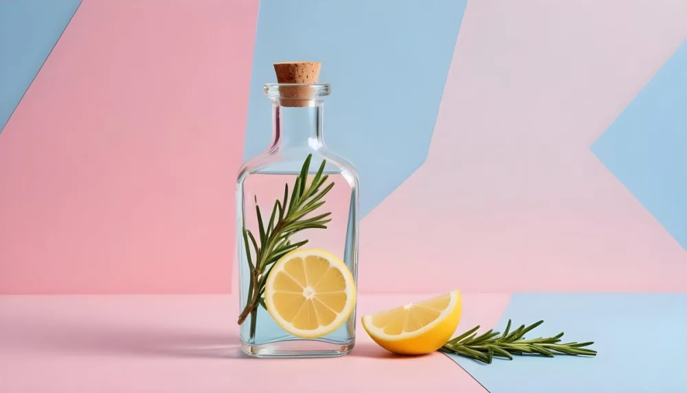 A Clear Glass Dropper Bottle Filled With Liquid Placed On A Colorful Background With Pastel Blue And Pink Sections Next To The Bottle There Is A Whole Lemon And A Sliced Lemon Along With A Sprig Of Rosemary The Arra 8 De6e
